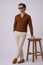 Brown Chevron Textured Half Sleeves Knit Polo T-Shirt