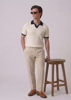 White Aran Textured Full Sleeves Knit Polo T-Shirt