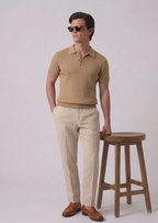 Beige Textured Half Sleeves Knit Polo T-Shirt