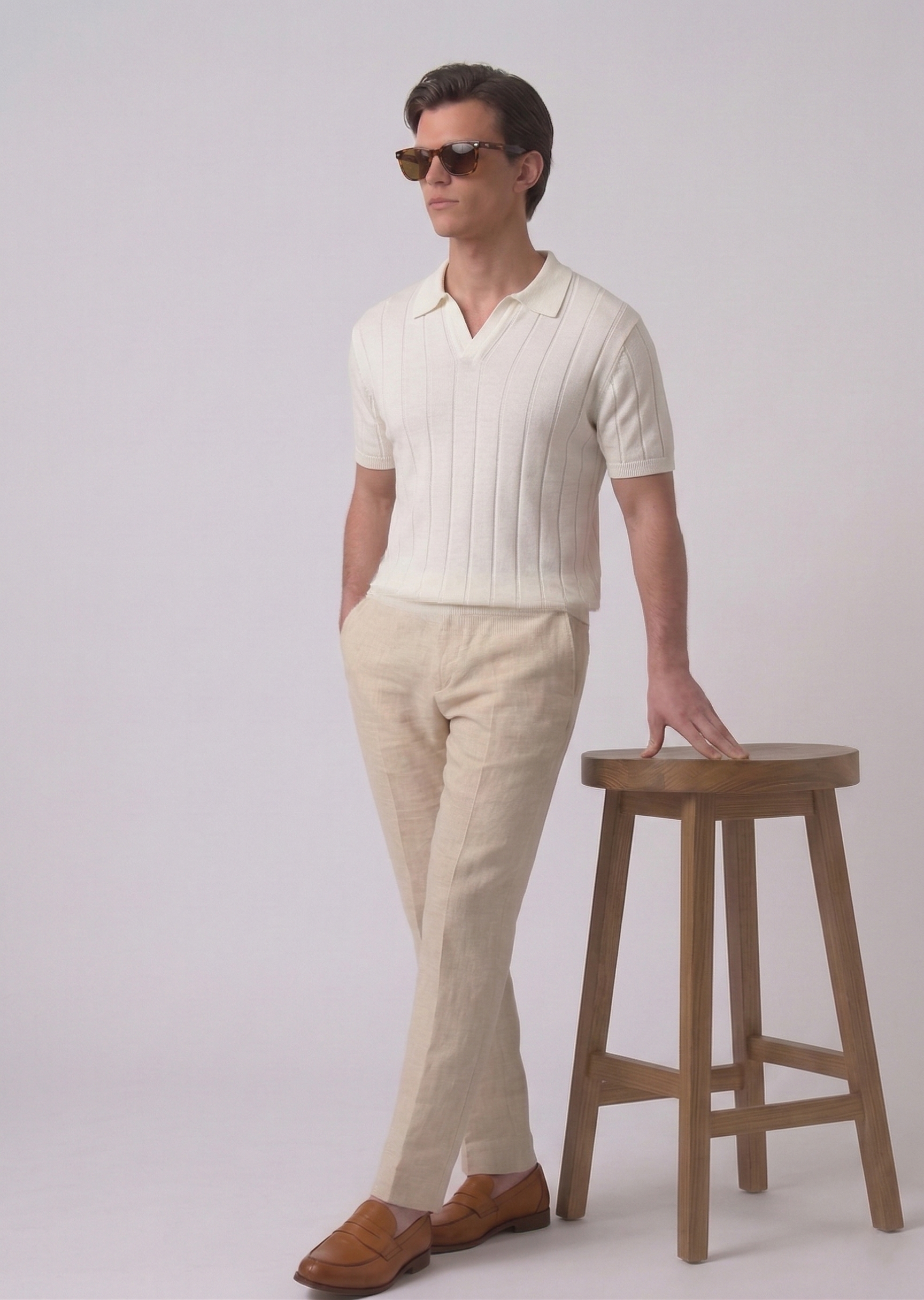 White Contour Textured Full Sleeves Knit Polo T-shirt