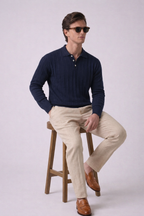 Navy Blue Chevron Textured Full Sleeves Knit Polo T-Shirt