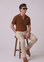 Brown Chevron Textured Half Sleeves Knit Polo T-Shirt