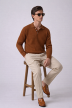 Espresso Textured Full Sleeves Knit Polo T-Shirt