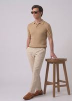 Beige Textured Half Sleeves Knit Polo T-Shirt