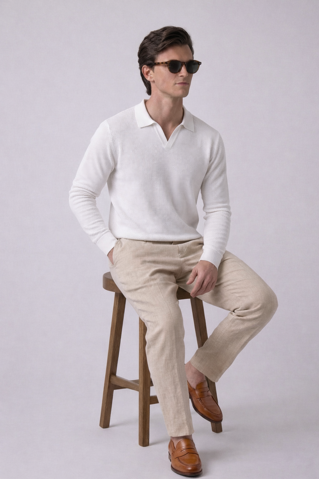 White Textured Full Sleeves Knit Polo T-Shirt