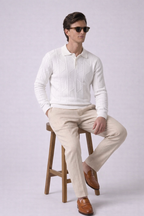 White Braided Textured Half Sleeves Knit Polo T-Shirt
