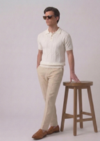 White Braided Textured Full Sleeves Knit Polo T-Shirt