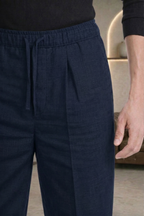 Navy Blue Linen Drawstring Trouser Pant by French Cuff