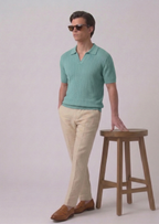 Sage Green Textured Full Sleeves Knit Polo T-Shirt