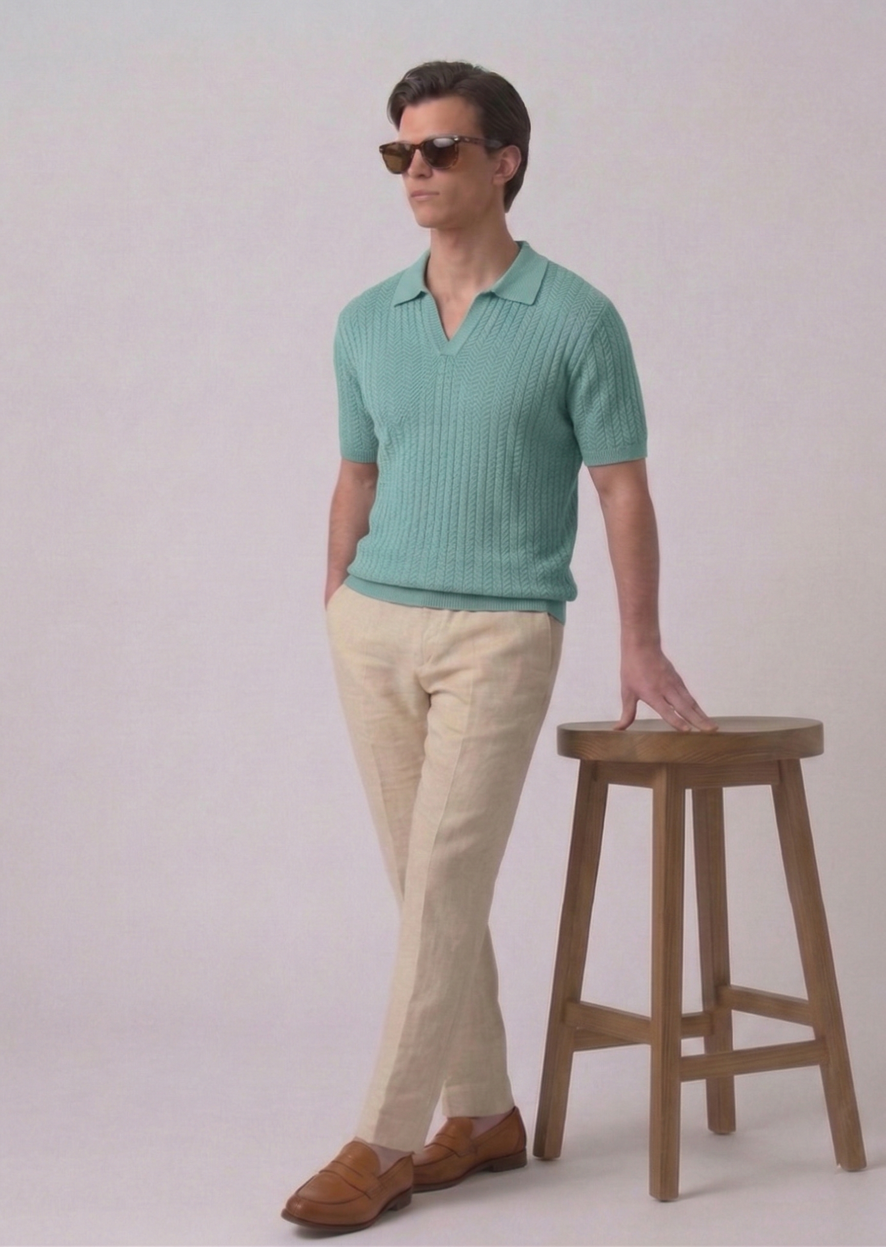 Sage Green Textured Full Sleeves Knit Polo T-Shirt