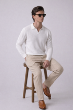 White Textured Half Sleeves Knit Polo T-Shirt