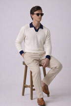 White Aran Textured Half Sleeves Knit Polo T-Shirt