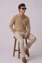 Beige Textured Full Sleeves Knit Polo T-Shirt