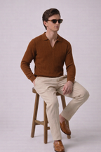Brown Chevron Textured Half Sleeves Knit Polo T-Shirt