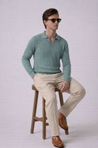 Sage Green Textured Full Sleeves Knit Polo T-Shirt