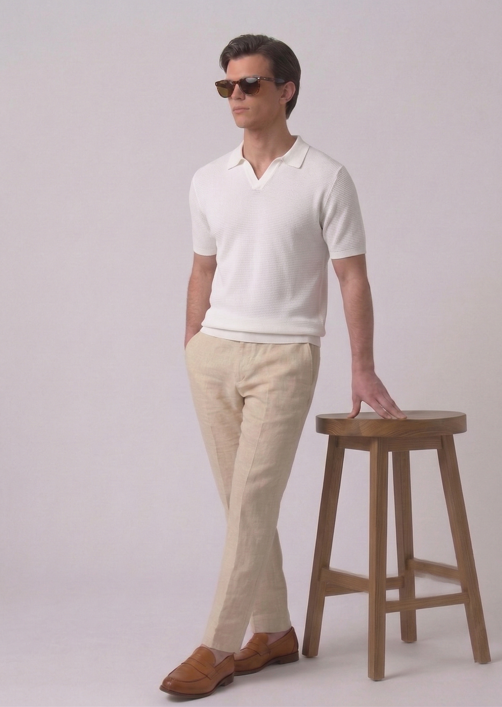 White Textured Full Sleeves Knit Polo T-Shirt