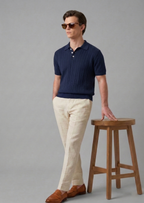 Navy Blue Chevron Textured Half Sleeves Knit Polo T-Shirt