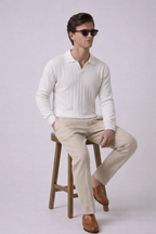 White Contour Textured Half Sleeves Knit Polo T-shirt