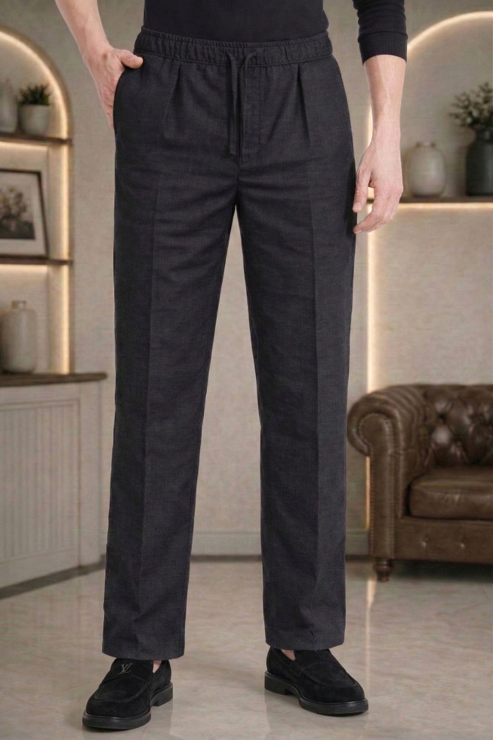 Black Linen Drawstring Trouser Pant by French Cuff