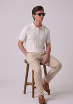 White Braided Textured Full Sleeves Knit Polo T-Shirt
