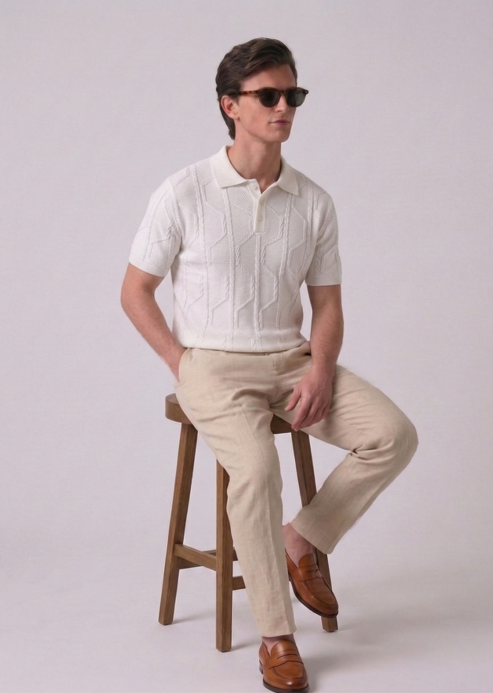 White Braided Textured Full Sleeves Knit Polo T-Shirt