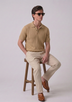 Beige Textured Half Sleeves Knit Polo T-Shirt