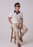 White Aran Textured Half Sleeves Knit Polo T-Shirt