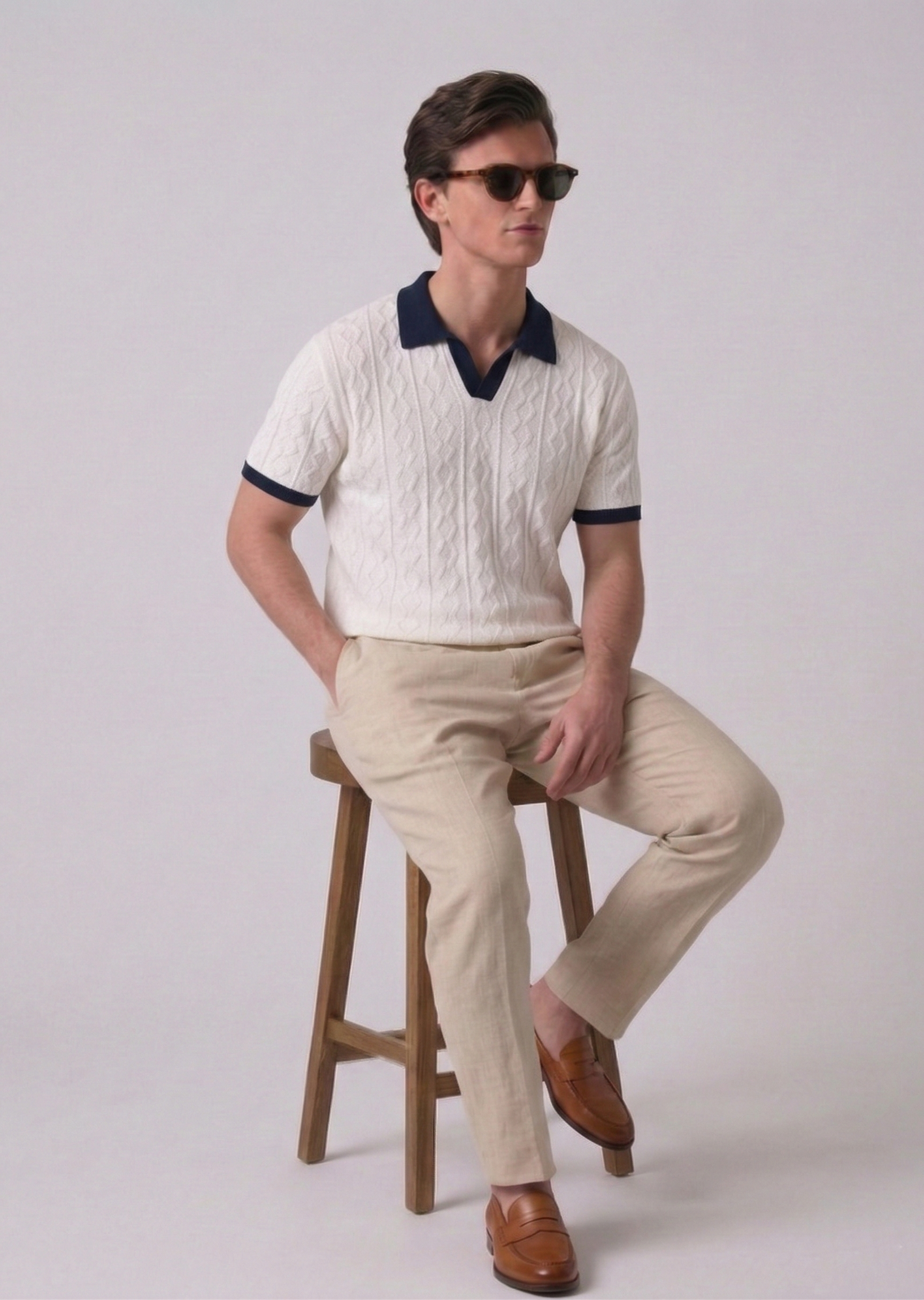 White Aran Textured Half Sleeves Knit Polo T-Shirt