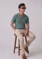 Sage Green Textured Half Sleeves Knit Polo T-Shirt