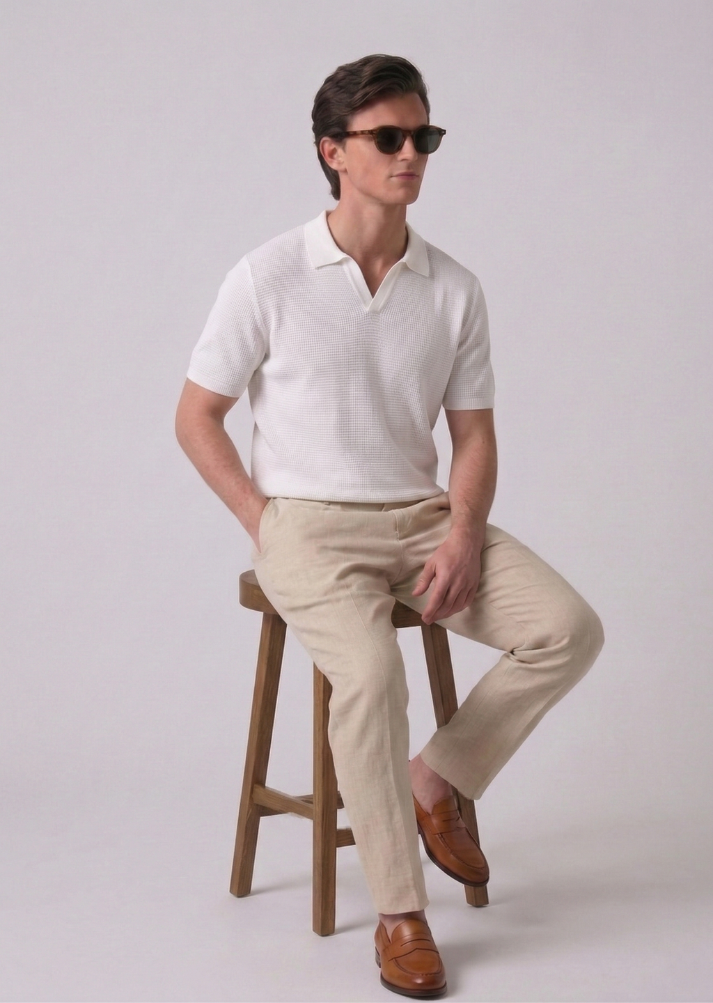 White Textured Full Sleeves Knit Polo T-Shirt