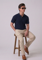 Navy Blue Chevron Textured Full Sleeves Knit Polo T-Shirt