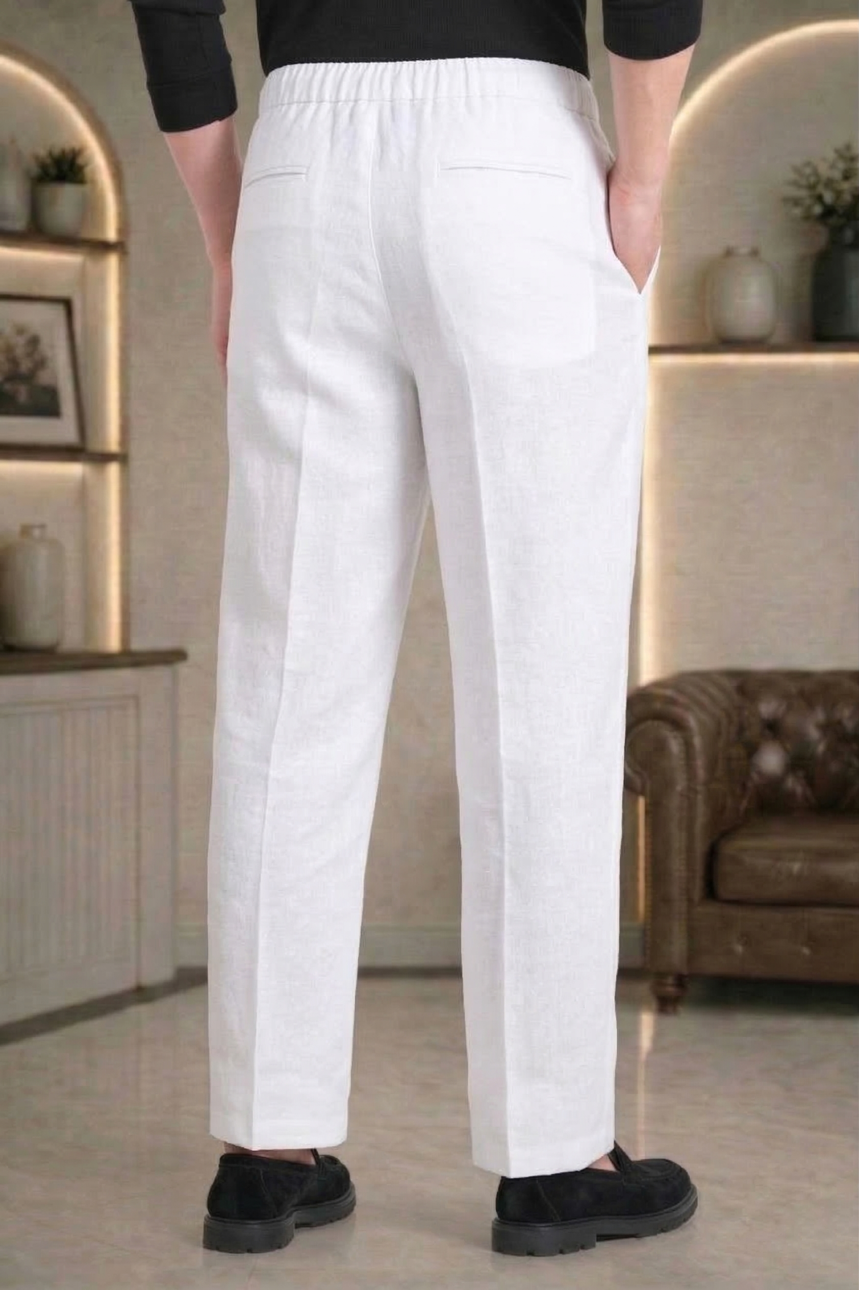 White Linen Drawstring Trouser Pant by French Cuff