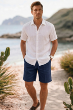 Navy Blue Linen Drawstring Shorts by French Cuff