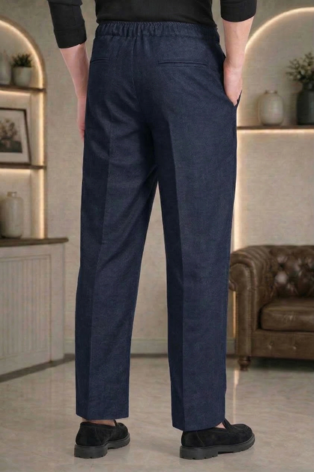 Navy Blue Linen Drawstring Trouser Pant by French Cuff