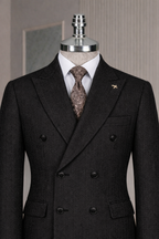 French Cuff Men's Black Herringbone Double Breasted Blazer