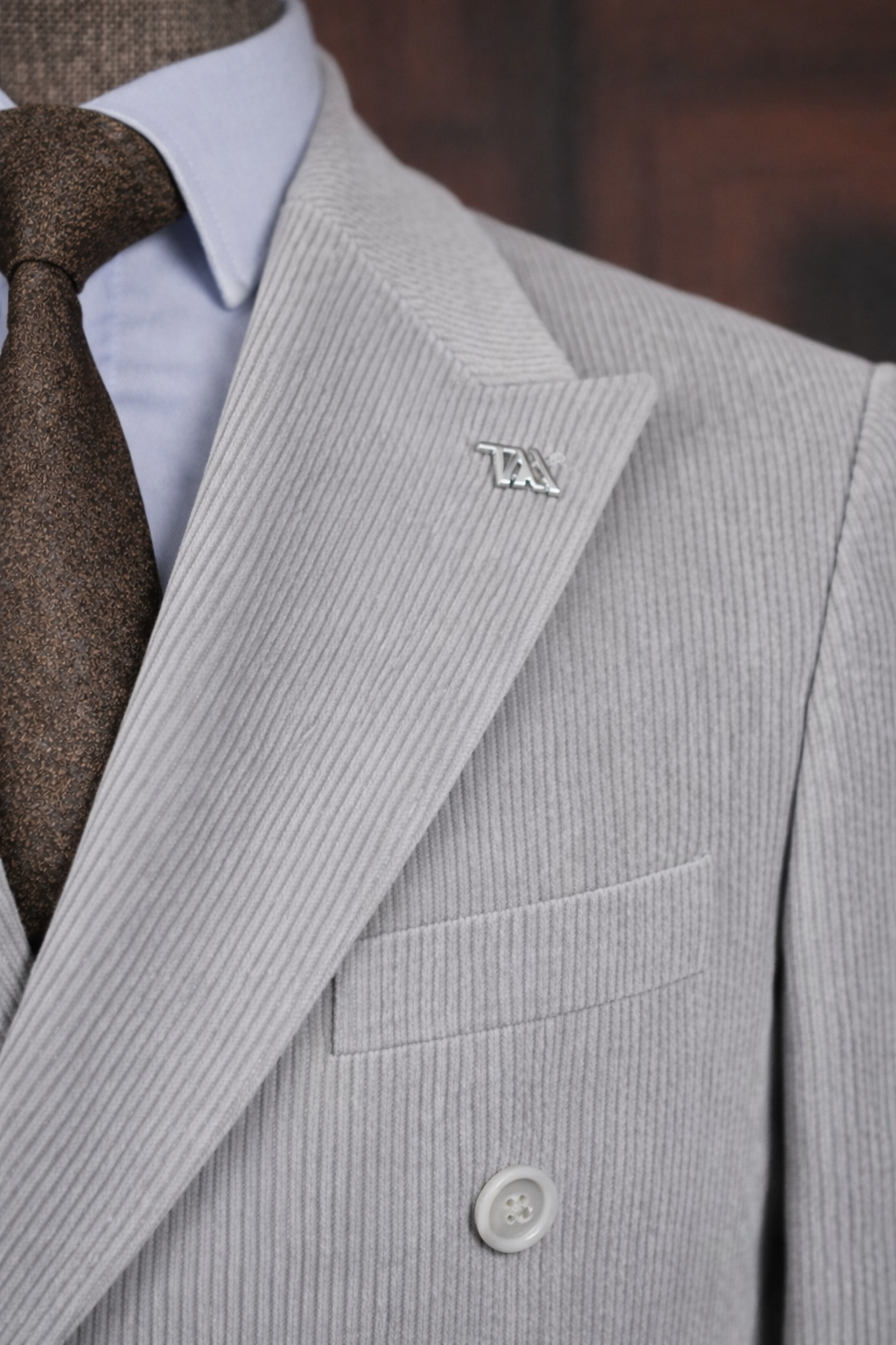 French Cuff Corduroy Light Grey Double Breasted 2-Piece Suit