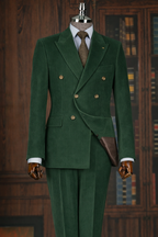 French Cuff Corduroy Green Double Breasted 2-Piece Suit