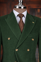 French Cuff Men's Corduroy Green Double Breasted  Blazer