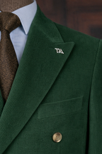 French Cuff Corduroy Green Double Breasted 2-Piece Suit