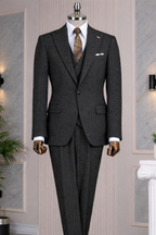 French Cuff Men's Black Herringbone Single Buttoned 3-Piece Suit