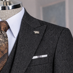 French Cuff Men's Black Herringbone Single Buttoned 3-Piece Suit