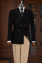 French Cuff Men's Corduroy Black  Double Breasted  Blazer