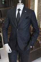 French Cuff Men's Navy Striped Double Buttoned 3-Piece Suit