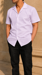 Cuban Collar Half Sleeve Men's 100% Belgium Linen Lavender Shirt | Summer Special