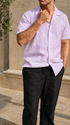 Cuban Collar Half Sleeve Men's 100% Belgium Linen Lavender Shirt | Summer Special
