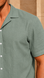 Cuban Collar Half Sleeve Men's 100% Belgium Linen Green Shirt | Summer Special
