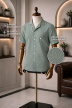 Cuban Collar Half Sleeve Men's 100% Belgium Linen Green Shirt | Summer Special