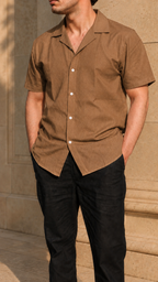 Cuban Collar Half Sleeve Men's 100% Belgium Linen Brown Shirt | Summer Special