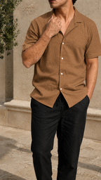 Cuban Collar Half Sleeve Men's 100% Belgium Linen Brown Shirt | Summer Special