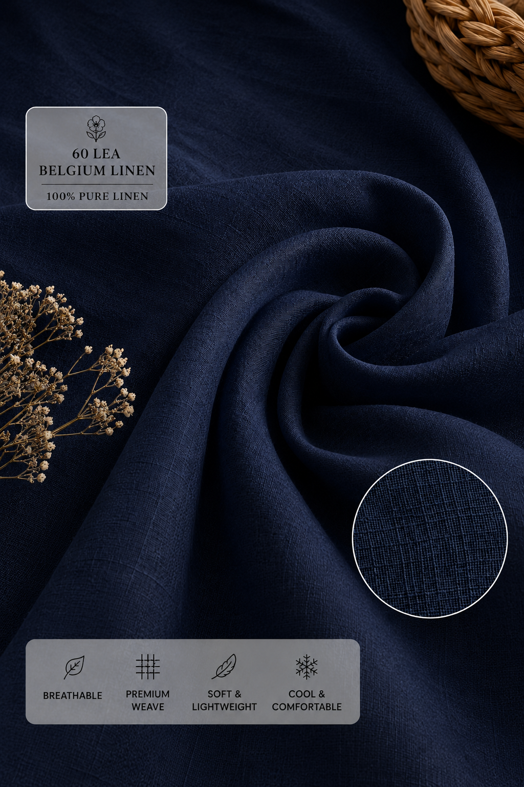 60 LEA | 100% Belgium Linen Fabric - Navy Blue